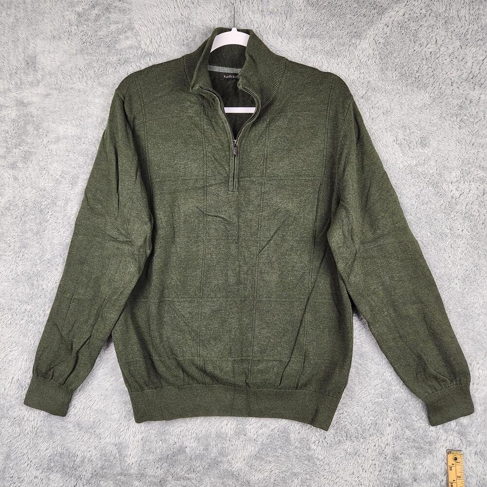 Vintage Van Heusen Sweater Mens Medium Green Quarter Zip Pullover Windowpane Y2k